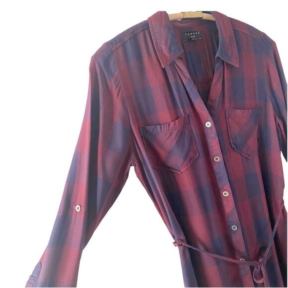 TINSEL Burgundy Purple V Neck Button Front Roll Tab Sleeve Shirt Dress M - Picture 3 of 9